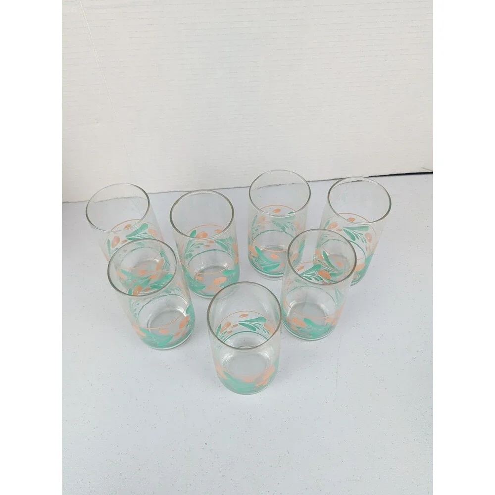 Libbey 17 Ounce  Ice Tea Glasses Clear with Teal And Peach Design MCM Set of 7